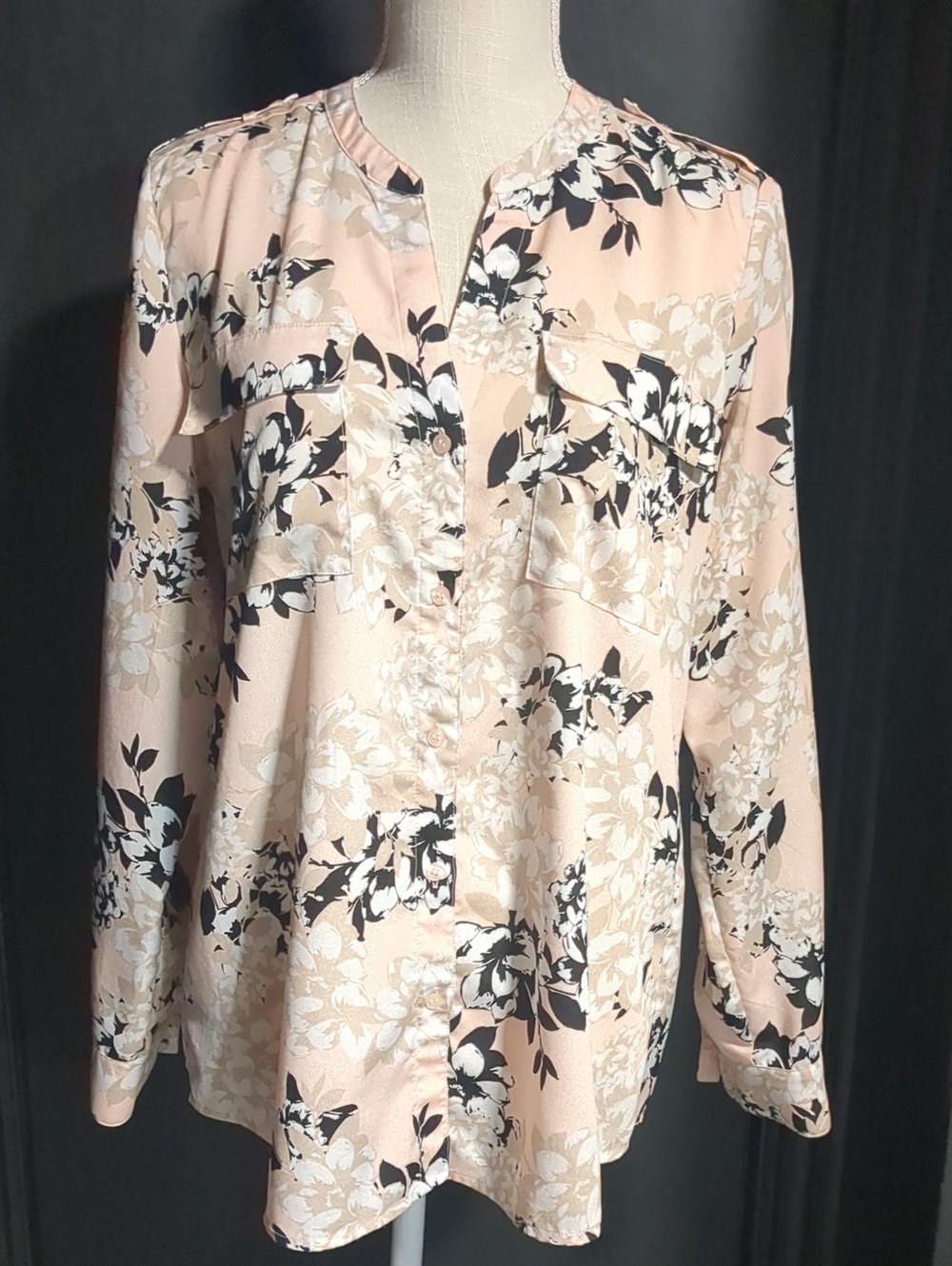 Calvin Klein Blush Pink Floral V-Neck Long Sleeve Blouse